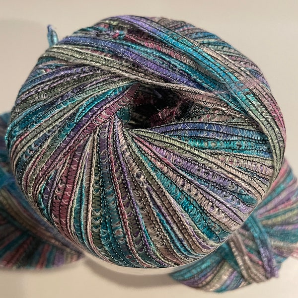 Isis, Filati FF, ribbon yarn, multi color pink,  purple, blue, green+  104 yds/sk, nylon and cotton ships FREE