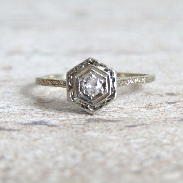 Unique Engraved Art Deco Solitaire Engagement Ring Hexagonal Filigree