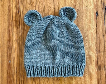 beanie - bear ears sage / dempstah Australian merino recycled organic cotton / baby toddler / sustainable yarn environmentally friendly