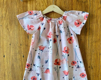 dress - pink poppies / organic cotton peasant-style dress pink red floral / eco friendly / girl toddler / 1 2-3 4 5 6 7-8 9 years