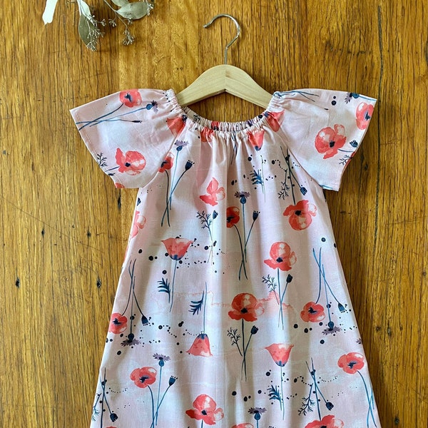 dress - pink poppies / organic cotton peasant-style dress pink red floral / eco friendly / girl toddler / 1 2-3 4 5 6 7-8 9 years