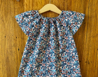 dress - navy ditsy floral / organic cotton peasant-style dress navy coral / eco friendly / girl toddler / size 1 2-3 4 5 6 7-8 9 years