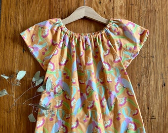 dress - orange galahs / cotton peasant-style dress / pink eucalyptus flowers / eco friendly / Australiana  / girl toddler / size 1-9 years