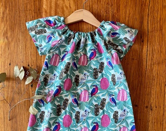 dress - Australian birds and banksias / pink green / cotton peasant-style / eco friendly / Australiana  / girl toddler / sizes 1-9 years