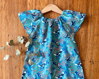 dress - turquoise magpies / organic cotton peasant-style dress green / eco friendly / girl toddler / size 1 2-3 4 5 6 7-8 9 years