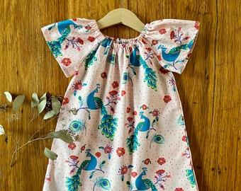 dress - pink peacocks / organic cotton peasant-style dress pink blue floral / eco friendly / girl toddler / 1 2-3 4 5 6 7-8 9 years