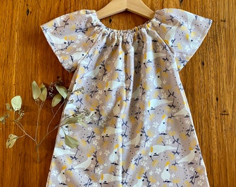 dress - taupe cockatoos / cotton peasant-style dress mushroom / eco friendly / Australiana  / girl toddler / size 1 2-3 4 5 6 7-8 9 years