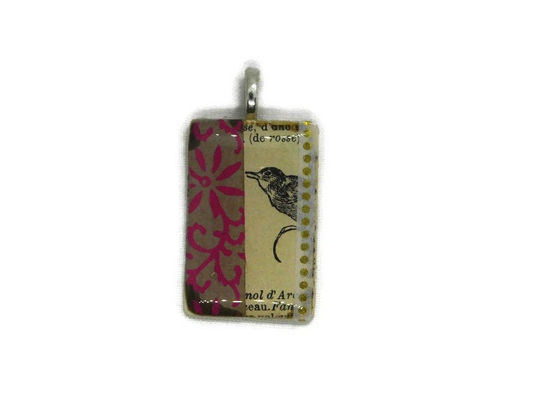 French repurposed hand made medallion collage on upcycled bone bird locket gift nature lover
