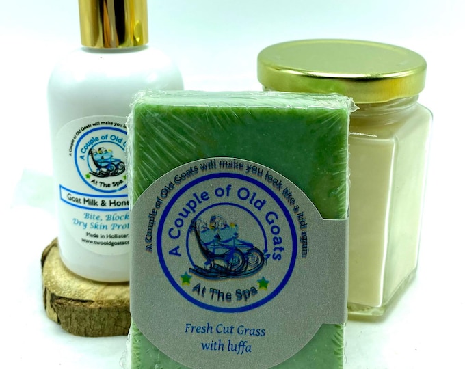 Goat Milk Set for Outdoor Lovers.  Luffa Soap, Outdoor Lover lotion and hand poured Citronella Soy Candle