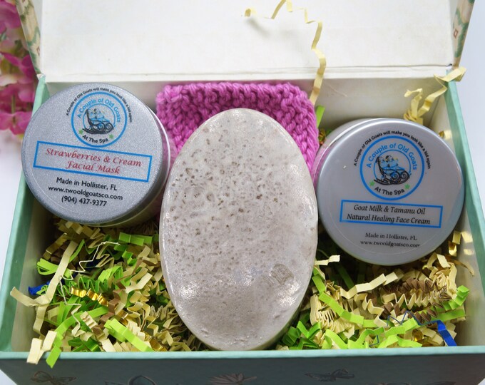 The Goat Milk Facial Box- all about the face- Handmade crocheted facial scrub, facial soap, scrub or mask