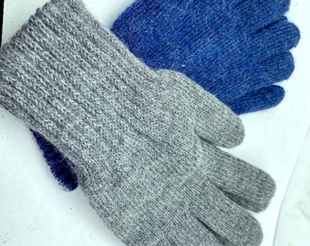 100% Alpaca knit reversible gloves.  Super warm.  Silver/denim or Silver/charcoal