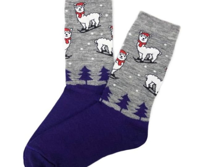 Alpaca socks infused with Aloe - Festive winter scene alpaca socks made from soft soothing alpaca fiber - featuring fun alpacas