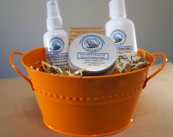 Outdoor Lovers basket filled with Goat Milk Products - Goat Milk Natural Pain Relief, Goat Milk Outdoor Lover Soap, Goat Milk Healing Cream
