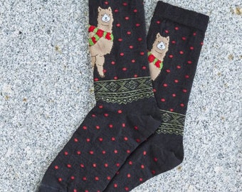 Alpaca socks infused with Aloe - Festive winter scene alpaca socks made from soft soothing alpaca fiber - featuring fun alpacas