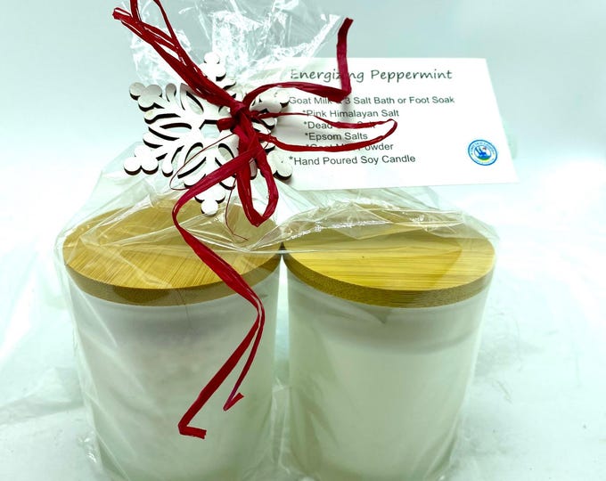 Energizing Peppermint Gift Set - Frosted glass - Goat Milk_3 Salt Bath Salts and hand poured soy candle