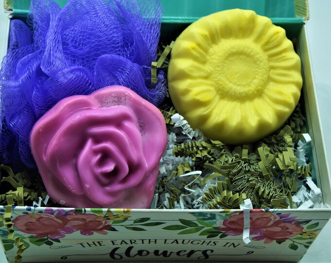 Goat Milk Gift Box Set- The Earth Laughs in Flowers-2 Goat Milk & Shea Butter soaps - rose and sunflower with bath pouf