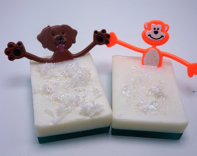 Dirty Dawg or Funky Monkey will get your kids in the bath - and get them clean Goat Milk & Shea butter soap gentle on the skin. Bendable toy