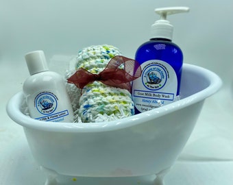 Adorable Gift Set anyone will love  Goat Milk Body Wash Goat Milk_Honey Lotion and handmade crocheted washcloth packaged in a bathtub