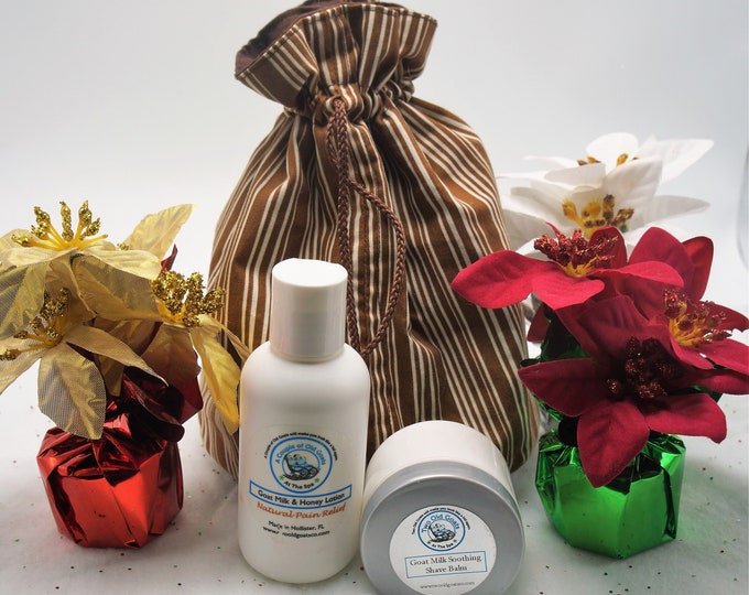 Men's Goat Milk Set in Handmade reusable bag-   Goat Milk Soothing Shave Balm and Natural Pain Relief Lotion - keep toiletries together