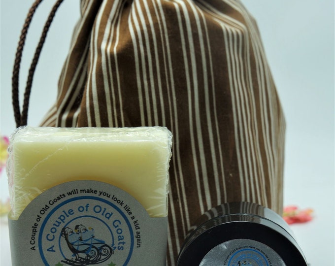 Men's Goat Milk Set in Handmade reusable bag-   Goat Milk Soothing Shave Balm and Goat Milk Shea Butter Soap - keep toiletries together