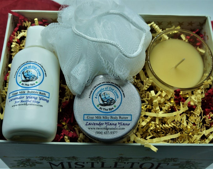 Relaxing gift set full of Goat Milk Products-Goat Milk Bubble Bath, Goat Milk Silky Body Butter, Hand poured soy candle and fluffy bath pouf