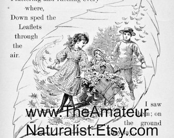 1902 Vintage Illustration, Charming Fall Scene with Boy and Girl, Antique Print, Digital Download