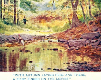 Vintage Illustration, Autumn Scene with Stream, Antique Print, Digital Download