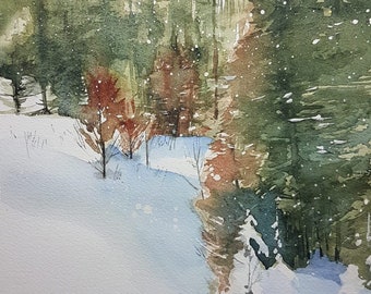 Landscape Art, Landscape Painting, Original Watercolor Landscape, Watercolor Landscape, Forest Painting, Tree Painting, House Warming Gift