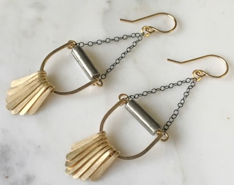 PETREA EARRINGS - Bronze and Pyrite Fringe Earrings with Gold Arch - Gold and Black Fringe Earrings