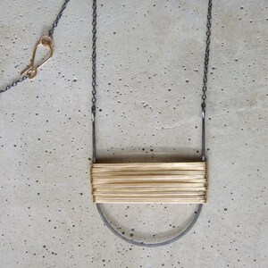 HORIZON LINE NECKLACE - Long Necklace with Bronze Lines on a Steel Frame - Long Oxidized Sterling Silver Chain Necklace with Bronze