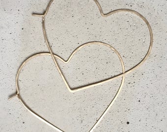 LARGE HEART HOOPS - Gold Heart Hoops or Rose Gold Heart Hoops, Hammered Heart Earrings