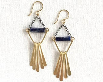 ZEBRINA EARRINGS - Golden Fringe Earrings with Lapis and Hammered Details