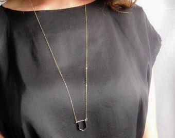 LITTLE PARAGON NECKLACE - Long Gold Necklace with Geometric Dark Oxidized Silver Pendant - Minimalist Gold and Black Necklace