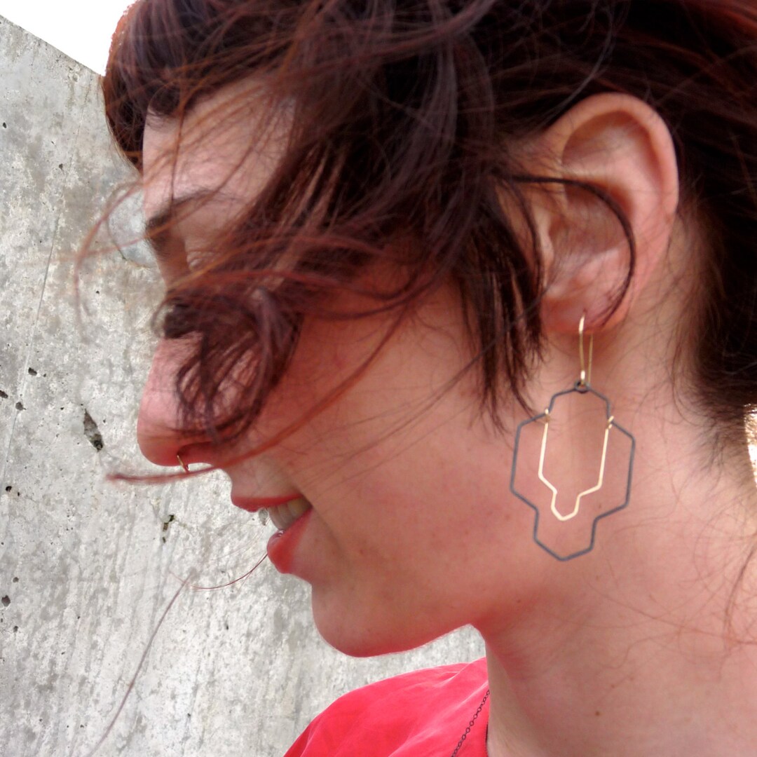CANYON EARRINGS Hammered Gold and Oxidized Sterling Silver Geometric ...