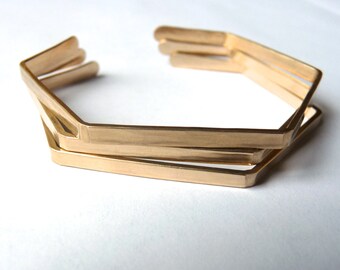HEXAGON BRACELET - Bronze, Sterling Silver, or Gold Geometric Bracelet - Hammered Gold Cuff Bracelet