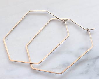 LARGE FACET HOOPS - Elongated Hexagon Hoop Earrings - Hammered Gold Geometric Hoops