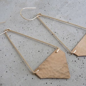 STAPLE EARRINGS Geometric Earrings with Hammered Bronze Triangles Long Gold Triangle Earrings image 3