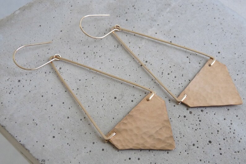 STAPLE EARRINGS Geometric Earrings with Hammered Bronze Triangles Long Gold Triangle Earrings image 3