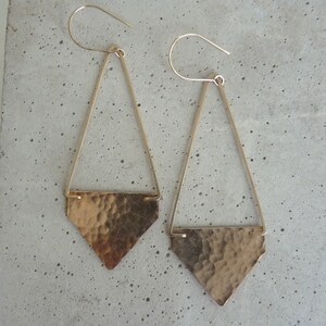 STAPLE EARRINGS Geometric Earrings with Hammered Bronze Triangles Long Gold Triangle Earrings image 2