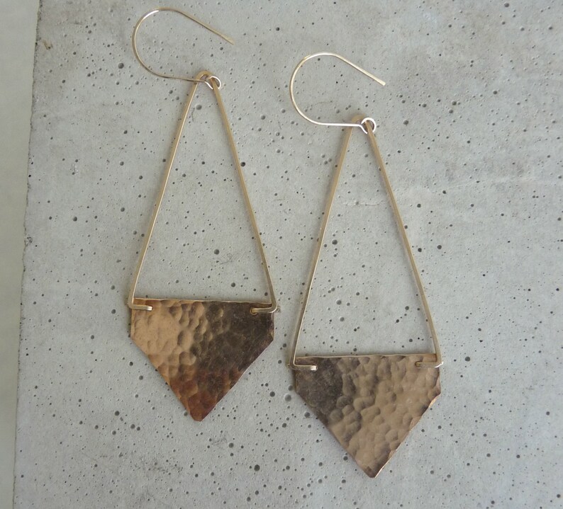 STAPLE EARRINGS Geometric Earrings with Hammered Bronze Triangles Long Gold Triangle Earrings image 2