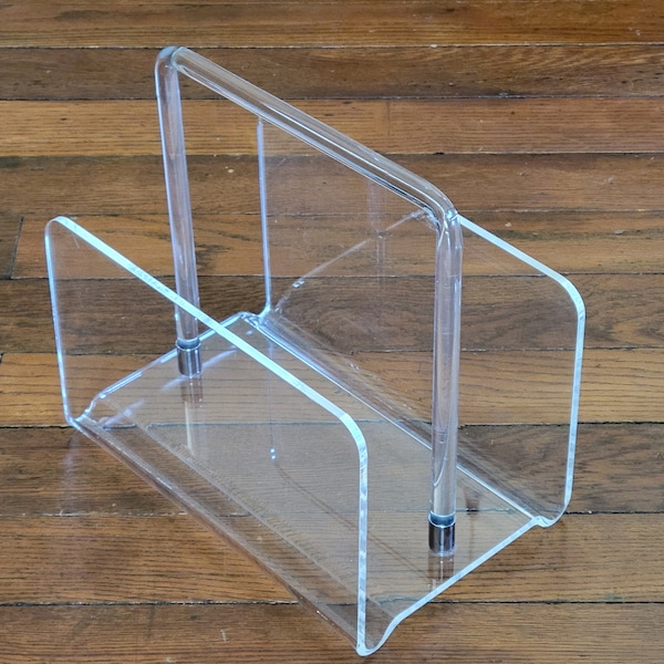 Vintage 1970s Mid-Century Modern Style, Clear Lucite and Chrome Magazine Rack