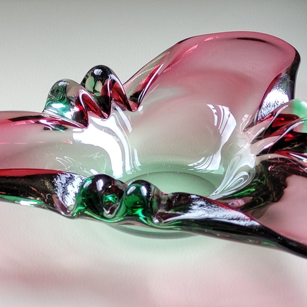 Vintage Josef Hospodka CHRIBSKA, Art Glass, Pink & Green Glass Ashtray Bowl Czech Crystal, Display, Decor, Collection