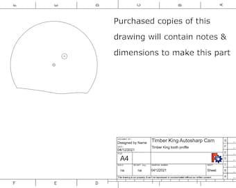 Timber King Automatic Band Saw Mill Blade sharpening Cam Norwood Band saw blade Cam g code, dxf, stl, svg, and PDF dimension drawing.