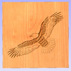 May include: A detailed wood carving of an eagle in flight. The eagle is depicted with outstretched wings, showcasing intricate feather details. The carving is set against a light brown wooden background, highlighting the bird's silhouette.