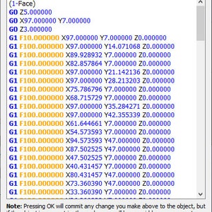 May include: A screenshot of the FreeCAD software interface, showing G-code commands and numerical data. The text includes coordinates and parameters for a 3D model. The interface has an OK and Cancel button.