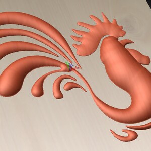 May include: A stylized wooden carving of a rooster with a large, elaborate tail. The rooster is carved in a reddish-brown color and is set against a light wood background.