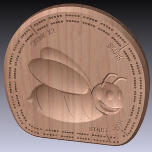 May include: A wooden game board shaped like a bee with a circular outer edge. The board has a series of holes around the edge and the text "SKUNK" and "SKUNK X2" printed on the board. The text "START" is printed on the board near the bee's head.