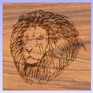 May include: A detailed wood carving of a lion's head with a thick mane. The carving is done in a light brown wood and shows the lion's face in profile.