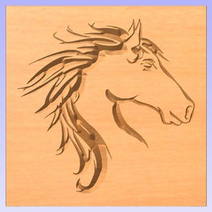 May include: A wood carving of a horse's head with its mane flowing in the wind. The carving is done in a simple, stylized manner, with the horse's features clearly defined.