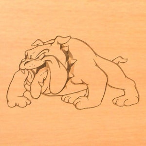 May include: A line drawing of a bulldog with a fierce expression, its mouth open and tongue sticking out. The bulldog is in a crouching position, with its front paws forward and its back legs slightly bent. The drawing is done in black ink on a light brown background.